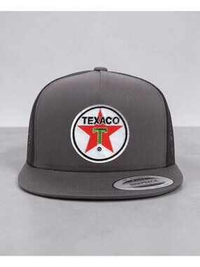 Texaco White Patch on YP Flat Bill Trucker Hat Mesh Back Snapback charcoal/black